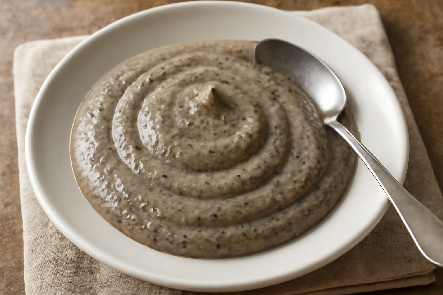 Salsa di tartufo nero color grigio-marrone con consistenza cremosa, servita in una ciotola di ceramica bianca, con pezzetti di tartufo visibili e profumata da una lama di coltello d'argento, su uno sf