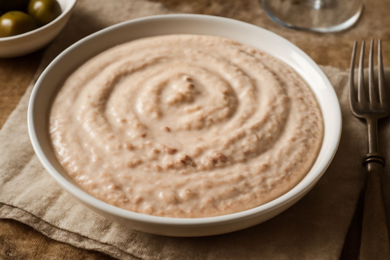 Salsa di tonno cremosa di colore beige rosato, servita in una ciotola bianca con filetti di tonno visibili, gocce di olio verde e spicchi di limone intorno