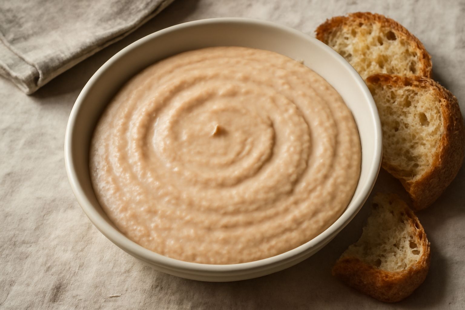 Salsa di tonno cremosa color beige rosato servita in una ciotola bianca, con accanto fette di pane tostato croccante e una foglia di prezzemolo fresco