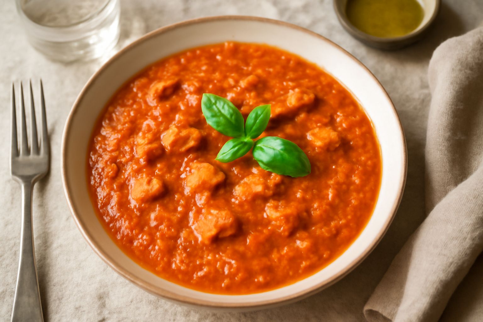 Salsa di tonno e pomodoro color rosso-arancio in un piatto bianco, con flecchi di tonno visibili, condita con olio d'oliva, accompagnata da basilico fresco e fette di pane tostato
