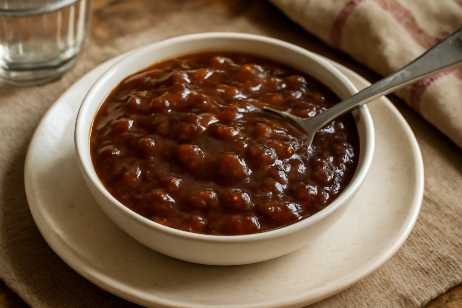 Salsa di uva passa densa e scura in una ciotola di ceramica bianca, con piccoli acini di uva passa visibili nella consistenza lucida, accompagnata da fette di pane tostato sullo sfondo