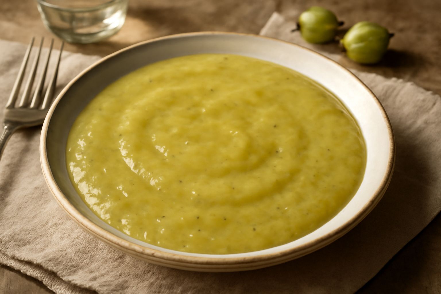 Salsa di uvaspina color verde-giallognolo in una ciotola di vetro trasparente, con bacche intere visibili, su uno sfondo bianco con un cucchiaio di legno accanto
