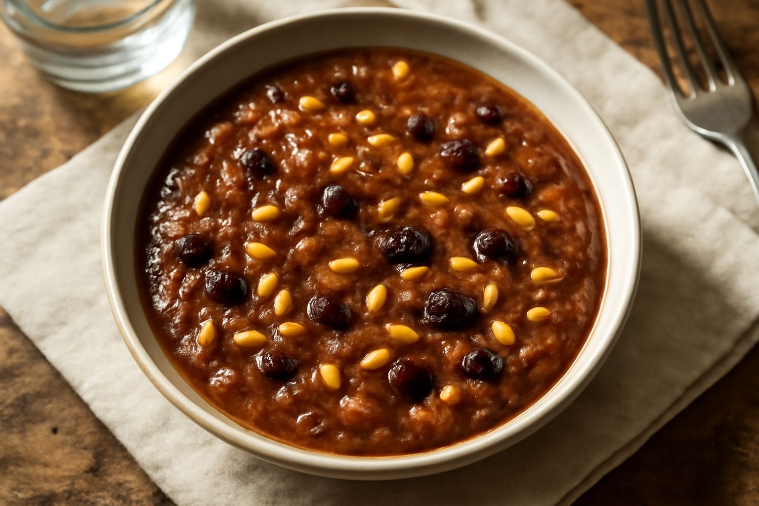 Salsa agrodolce densa e cremosa in una ciotola di ceramica bianca, con consistenza lucida, granelli di pinolo visibili sulla superficie, colore marrone dorato, servita accanto a una cucchiaiata versat