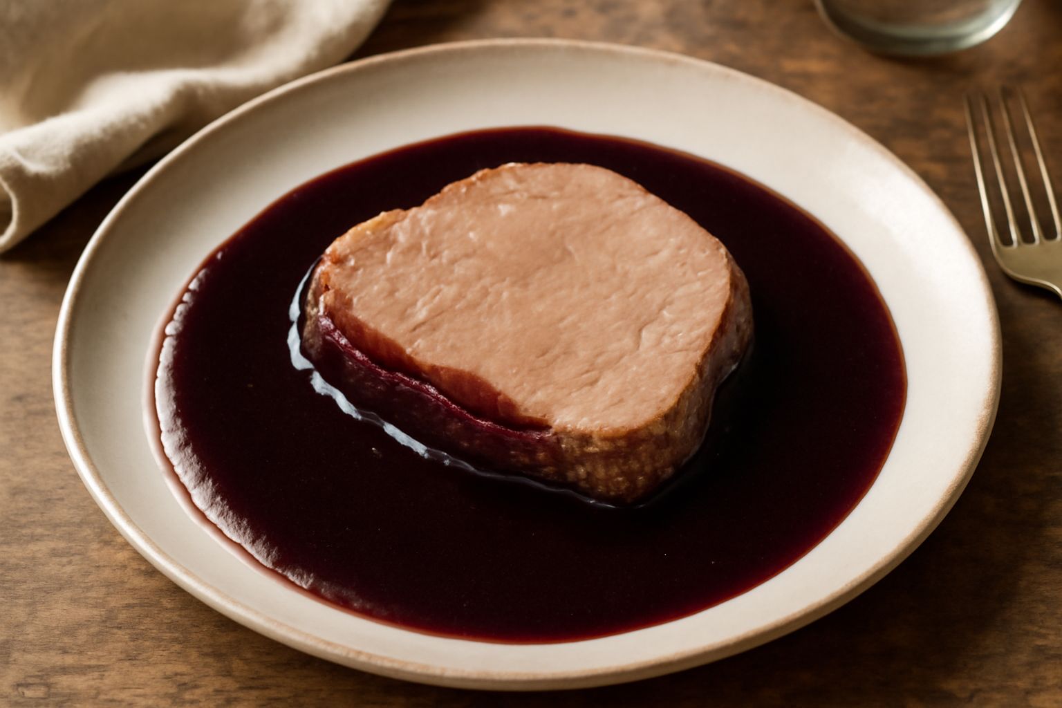 Salsa di vino rosso cremosa e lucida in un piattino bianco, con riflessi profondi color bordeaux, accanto a una fetta di carne rossa cotta al forno