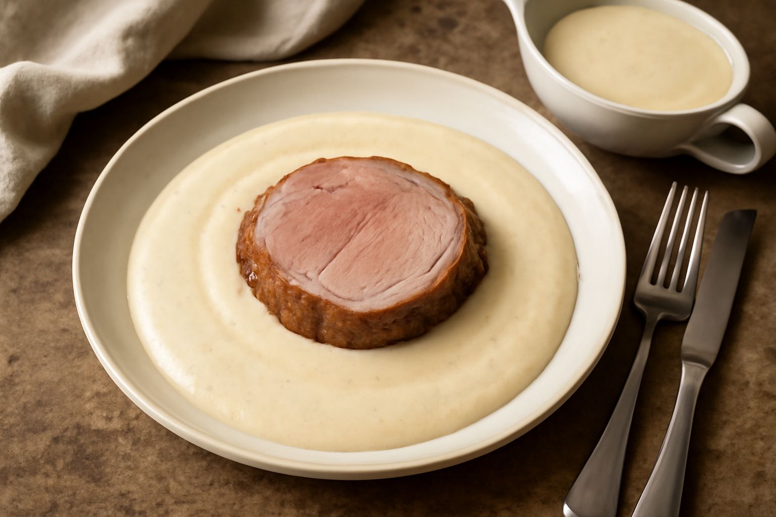 Salsa di vitello color crema in una ciotola di porcellana bianca, superficie liscia e lucida, servita accanto a una fetta di arrosto rosato su piatto di ceramica beige