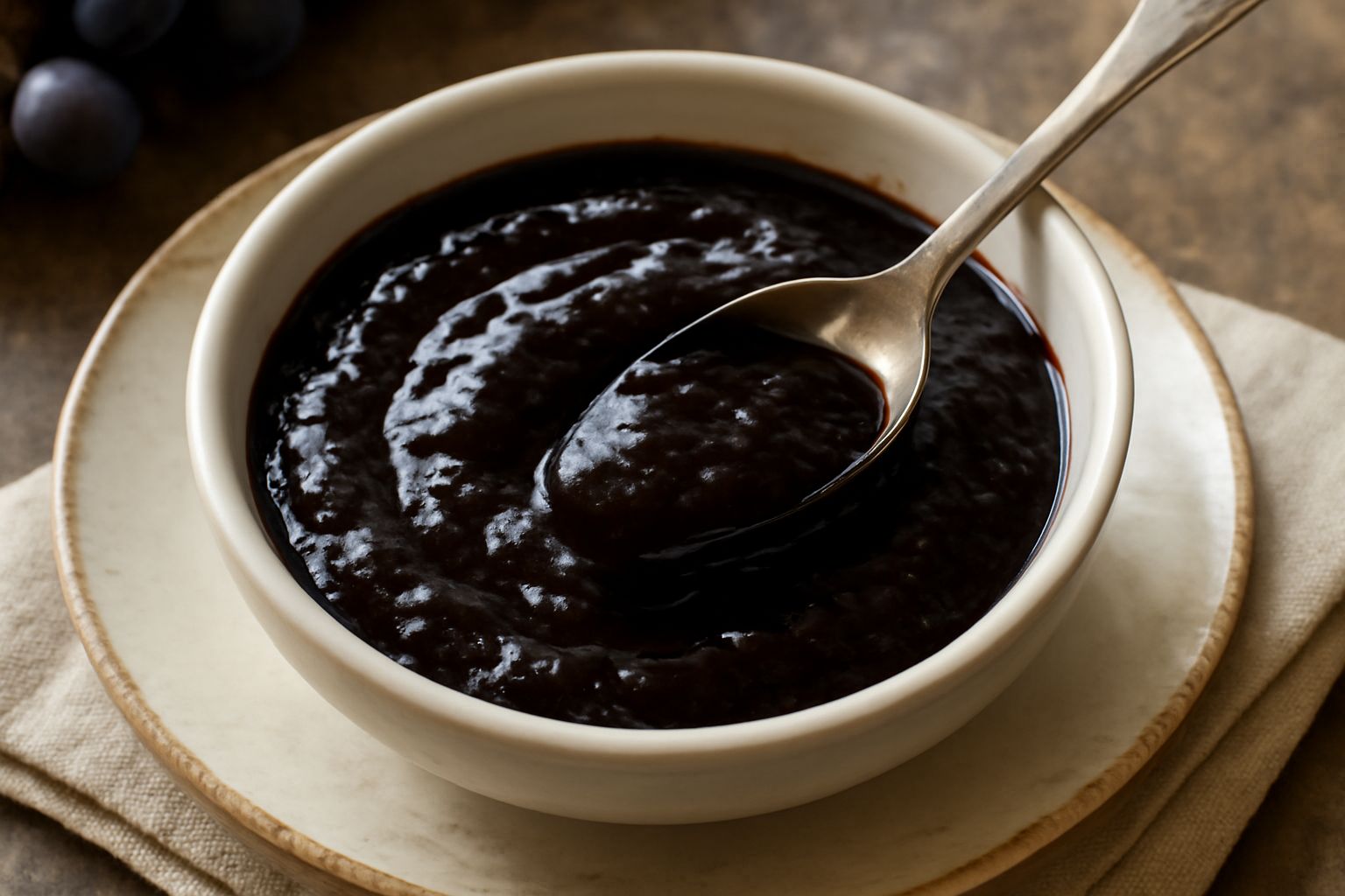 Salsa d'uva scura e lucida in una ciotola di ceramica bianca, con una consistenza densa e brillante, accanto a grappoli d'uva nera e una fetta di pane tostato