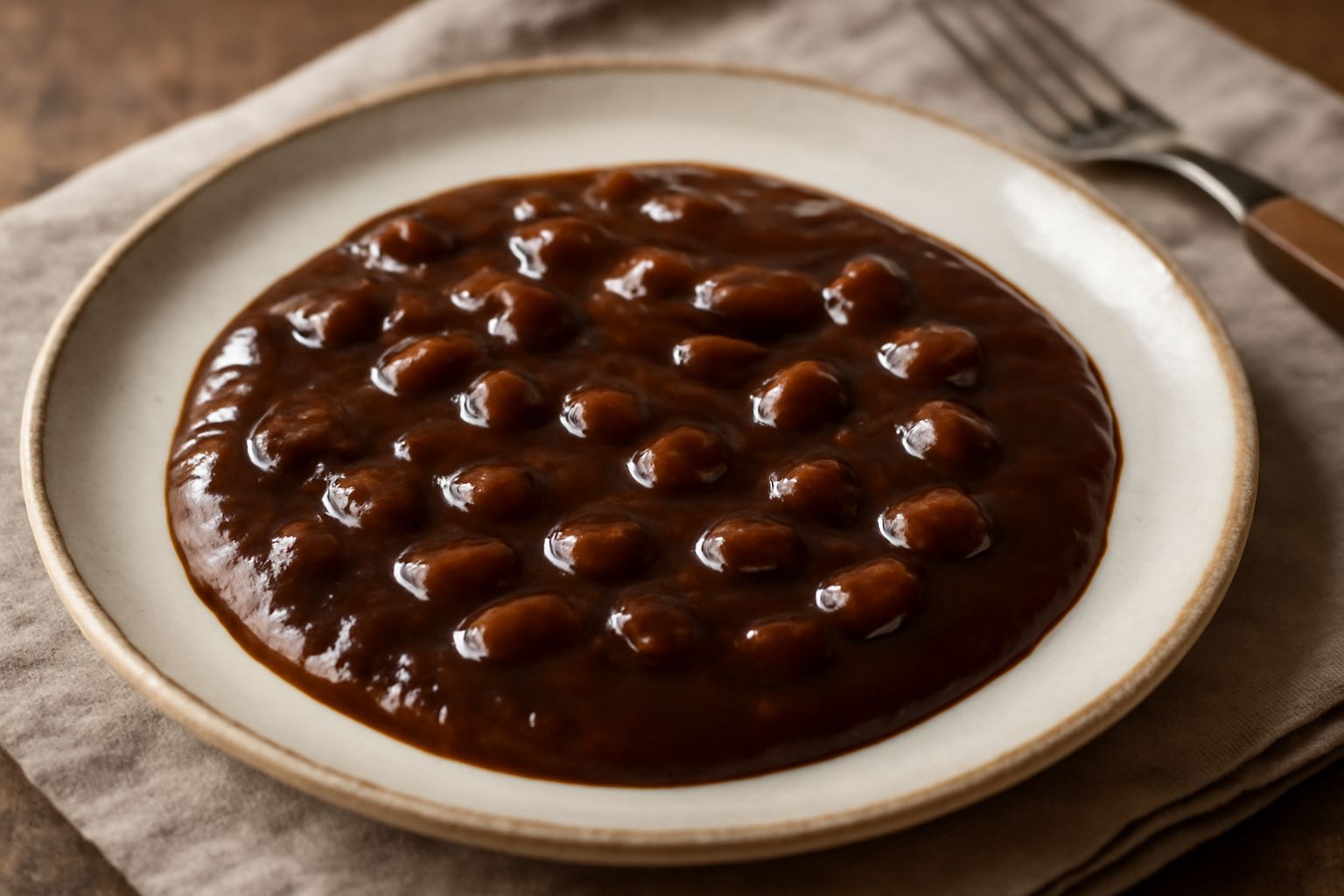 Salsa d'uva passa marrone scuro in una ciotola di ceramica bianca, con chicchi d'uva visibili nella salsa densa, servita accanto a una fetta di arrosto e formaggi, su un tavolo in legno naturale