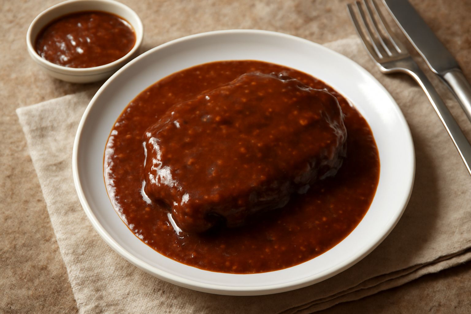 Salsa friulana al vino in una ciotola di ceramica bianca, di colore marrone scuro con riflessi rossi, con pomodori freschi e una bottiglia di vino rosso sullo sfondo
