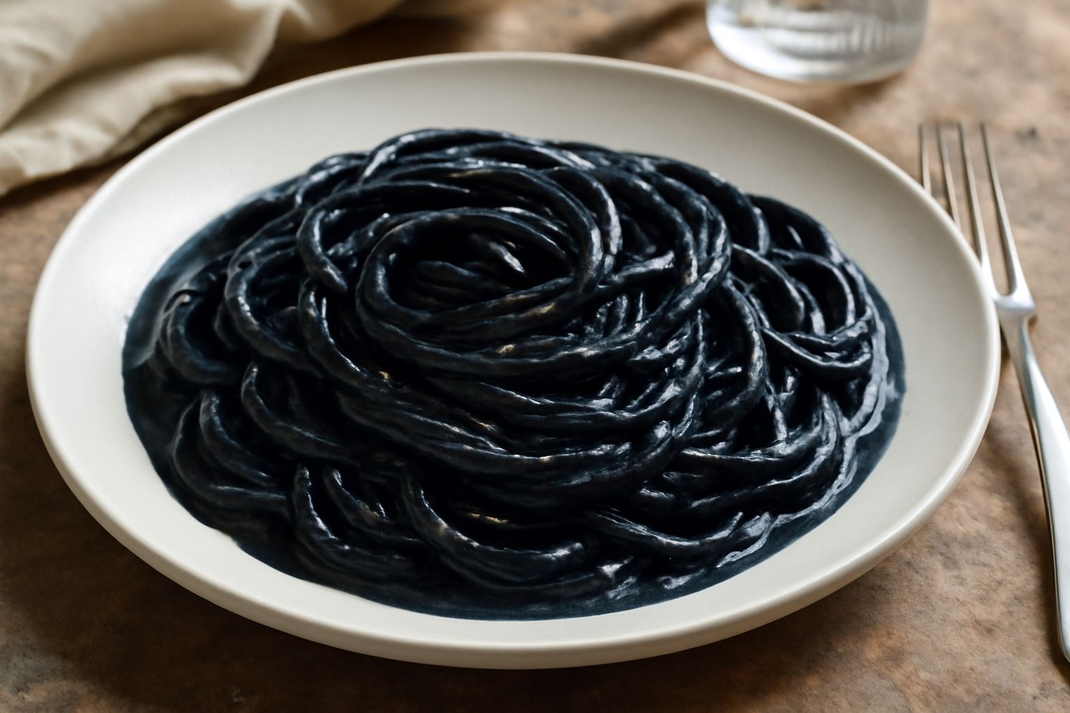 Piatto di spaghetti rivestiti di salsa nera lucida e cremosa, guarniti con prezzemolo fresco verde, nero profondo del nero di seppia visibile su tutta la pasta