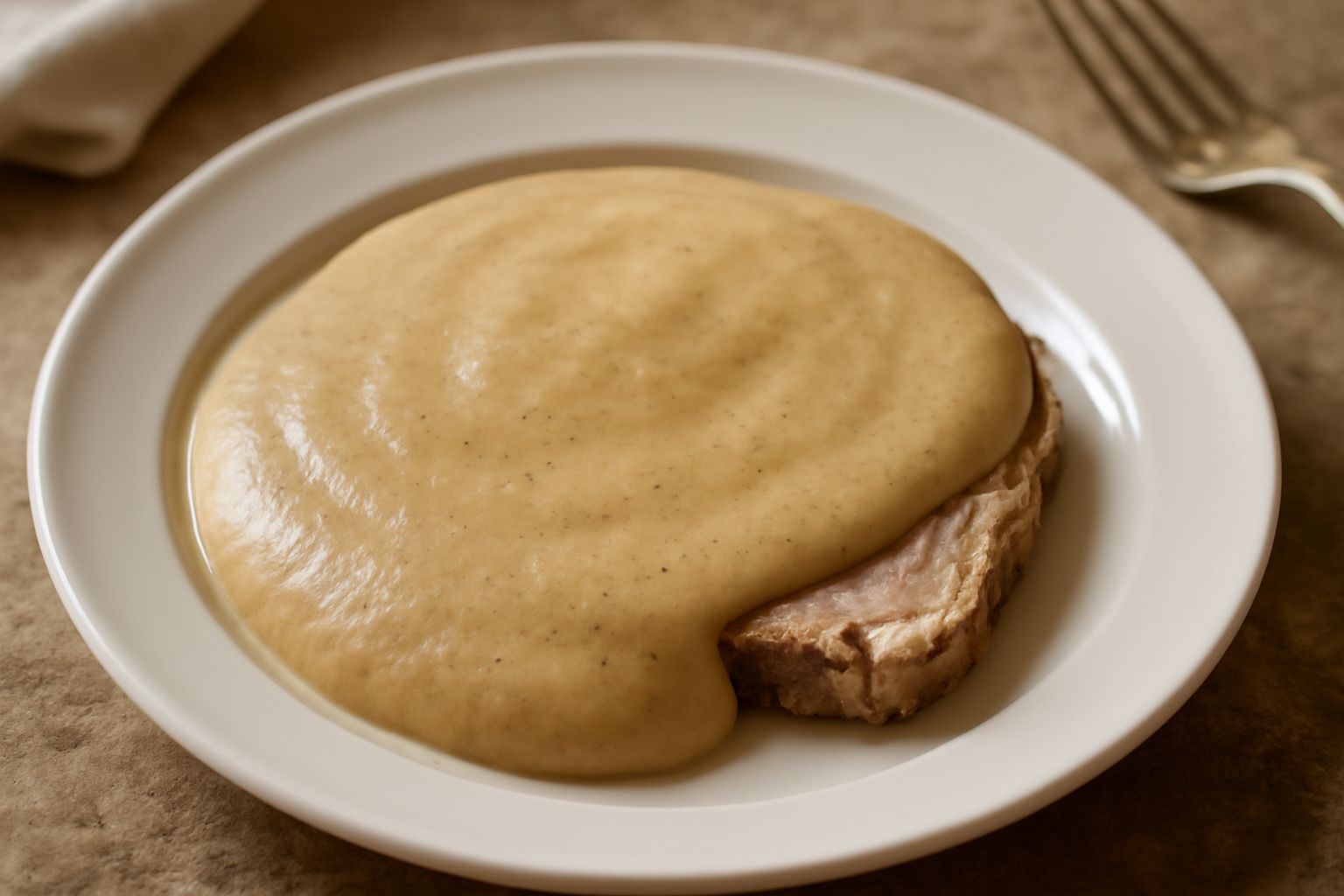 Salsa pearà cremosa di colore beige chiaro in una ciotola di ceramica, con consistenza vellutata, accanto a fette di arrosto di manzo su un piatto bianco e una cucchiaiata di salsa sopra la carne