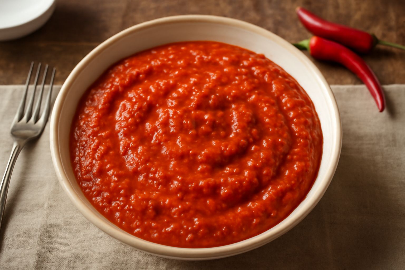 Salsa piccante di colore rosso vivo con piccoli pezzi di peperoncino e pomodoro, versata in una ciotola di ceramica bianca, con peperoncini freschi rossi disposti accanto
