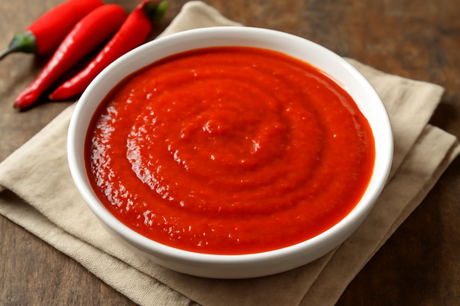 Salsa piccante di peperoncino rosso intenso in una ciotola di vetro, dalla consistenza cremosa e densa, con peperoncini freschi rossi e uno spicchio d'aglio posati accanto sulla superficie bianca