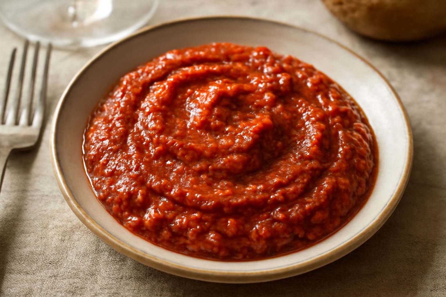 Salsa 'nduja cremosa color rosso scuro con flecchette di peperoncino, impiattata in una ciotola bianca, con un cucchiaio di legno appoggiato accanto e fettine di pane tostato nel piatto sottostante
