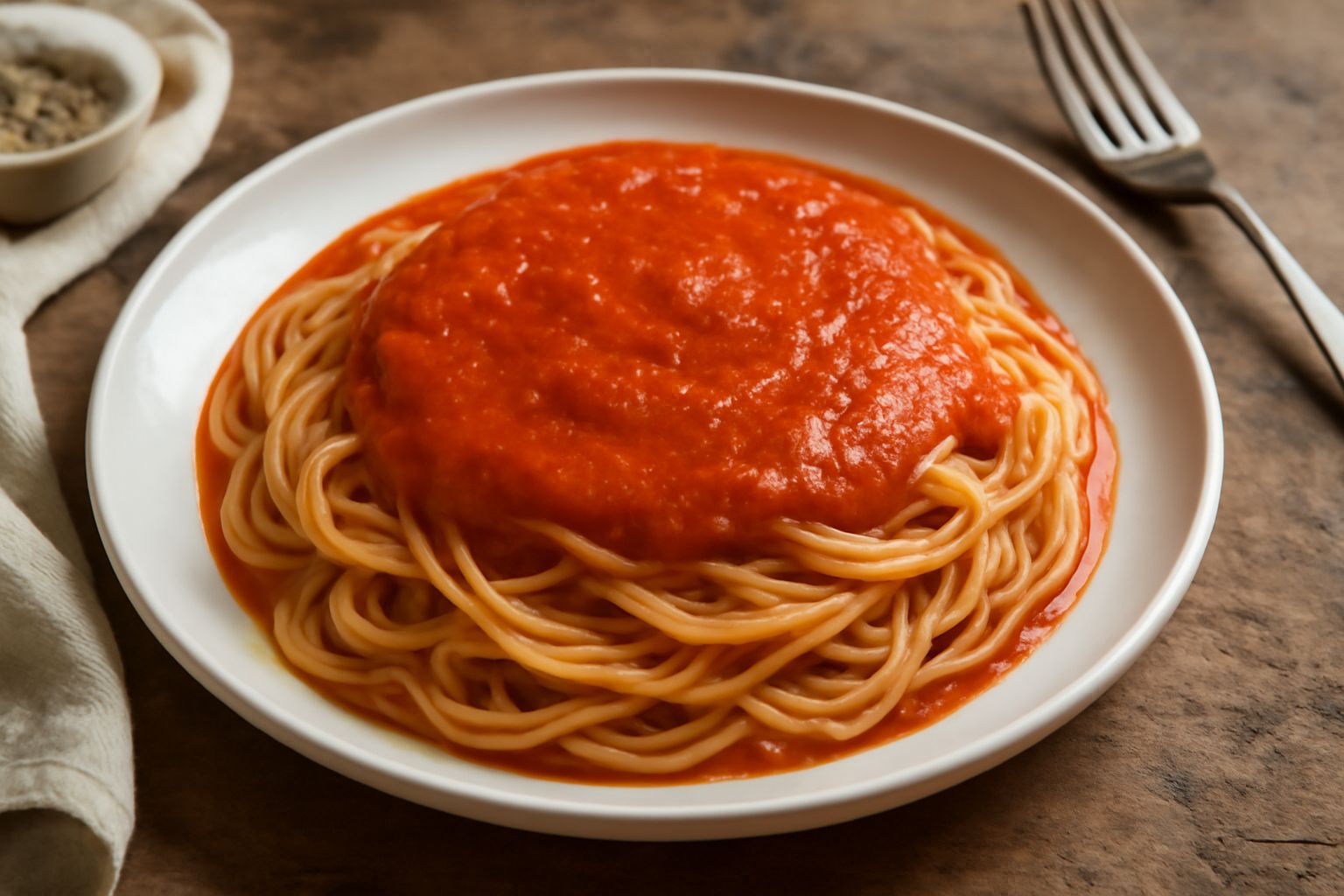 Salsa rossa in una ciotola di ceramica bianca, densa e lucida, con gocce di olio verde in superficie, accanto pomodori rossi maturi tagliati a metà e rametti di basilico fresco