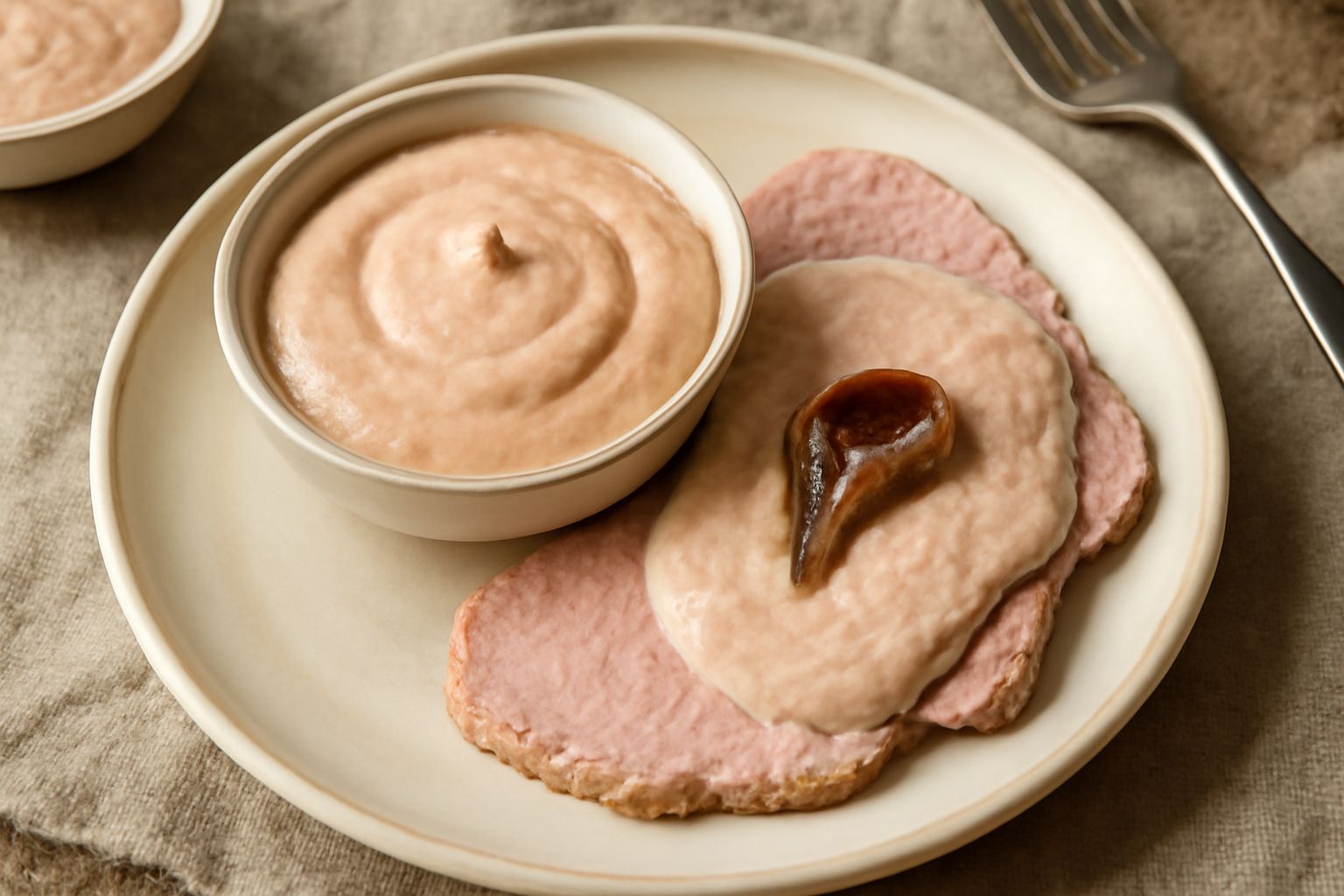 Salsa tonnata in una ciotola di ceramica bianca, colore beige cremoso con gocce di olio d'oliva, servita con fette di vitello bianco e limone sul lato, aggiustata con capperi e acciughe