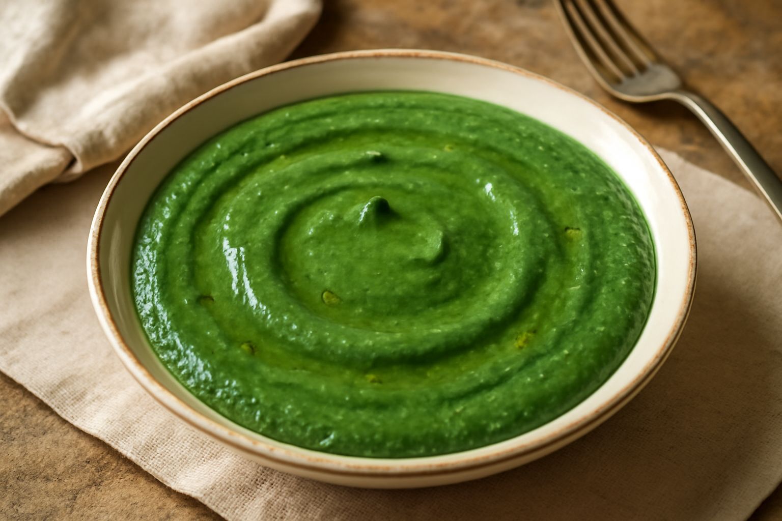 Salsa verde densa di colore verde intenso in una ciotola bianca, con gocce di olio che brillano in superficie, guarnita con una foglia di prezzemolo fresco