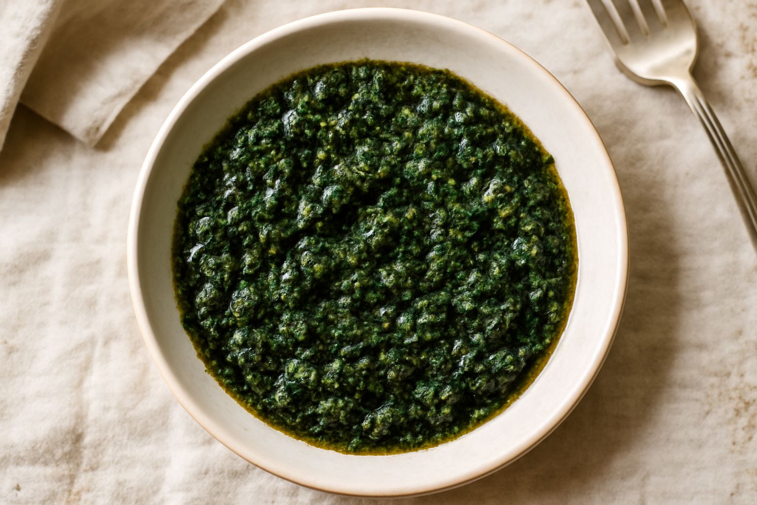 Salsa verde abruzzese in una ciotola di ceramica bianca, di colore verde brillante con visibili frammenti di prezzemolo fresco, aglio e aceto, con un cucchiaio di legno accanto e un piatto di carne bo