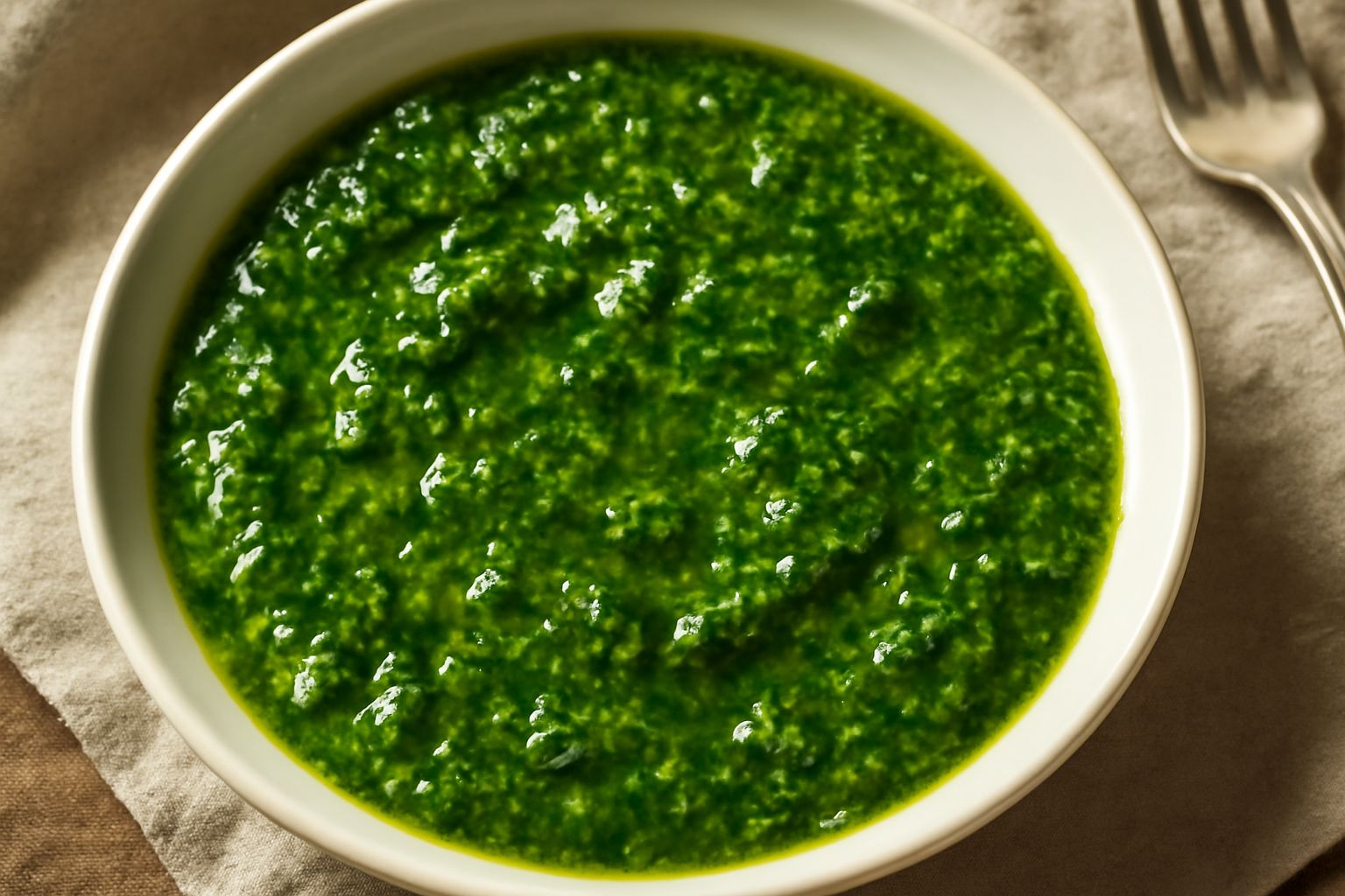 Salsa verde alla leccese in una ciotola bianca, con colore verde intenso, gocce di olio che emergono dalla superficie, prezzemolo fresco visibile nei frammenti, su sfondo di marmo grigio con spicchi d