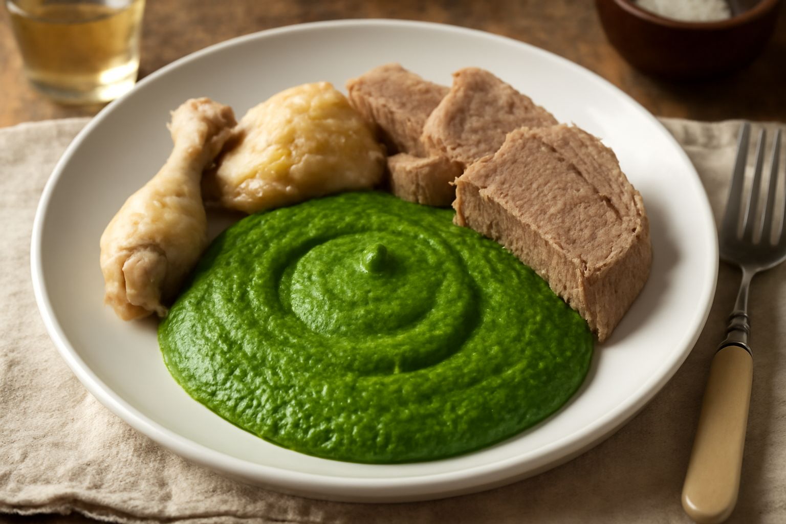 Salsa verde mantovana in ciotola di ceramica bianca, verde brillante e densa, con gocce di olio d'oliva in superficie, prezzemolo fresco sulla sommità, cucchiaio d'argento sul fianco