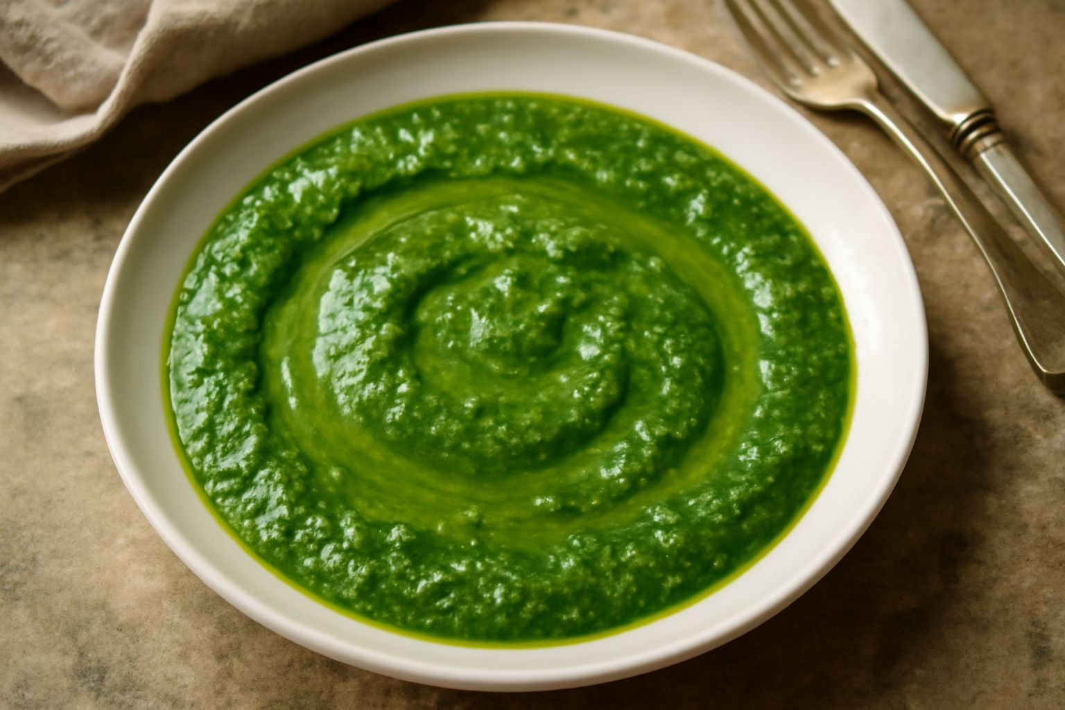 Salsa verde all'aceto in una ciotola bianca, cremosa e densa, con particelle verdi di prezzemolo visibili in superficie, accompagnata da una cucchiaiata poggiata sul bordo