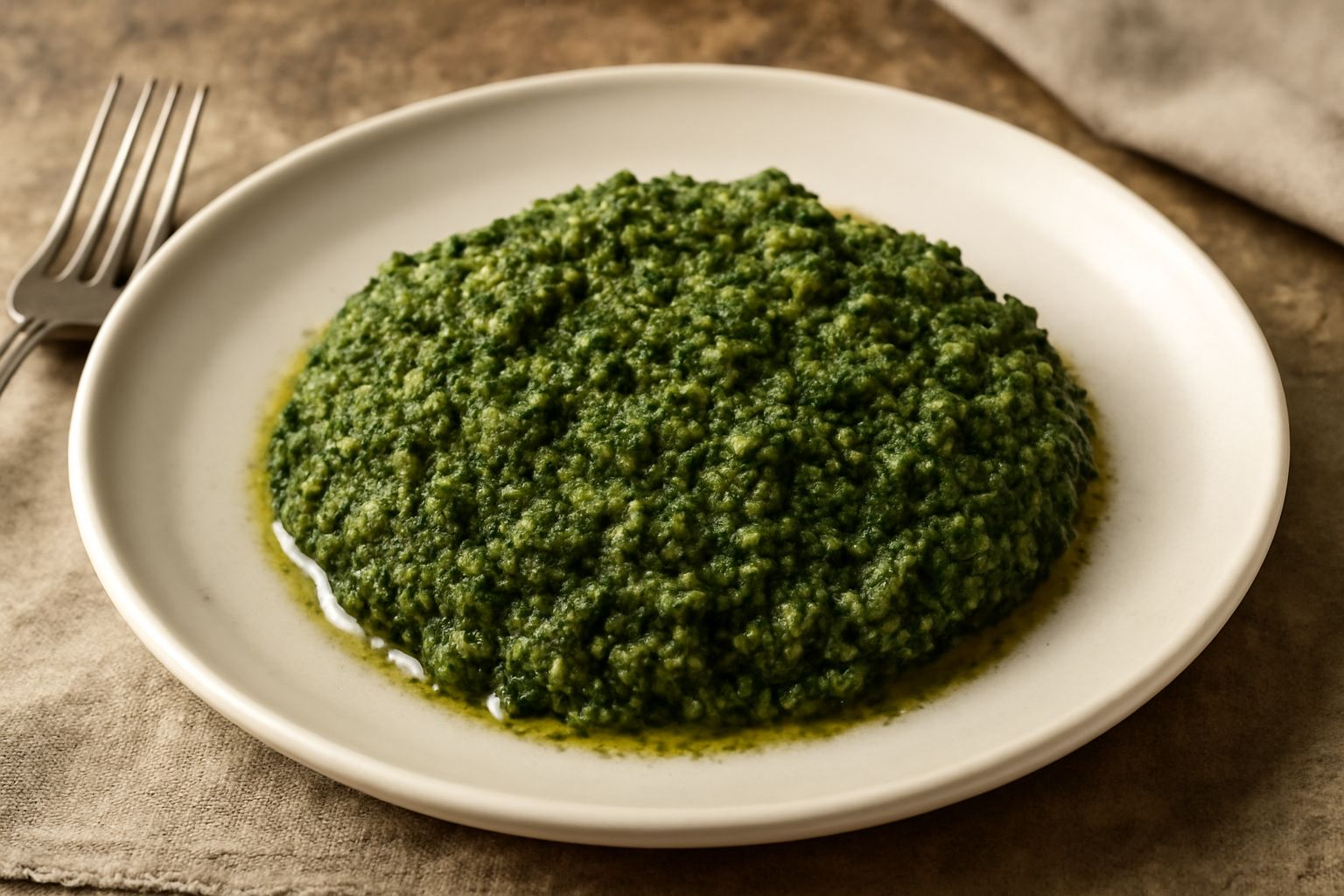 Salsa verde densa e granulosa in una ciotola di vetro trasparente, color verde muschio con puntini bianchi di aglio e minuscoli frammenti di prezzemolo, servita su fondo di legno scuro accanto a una c