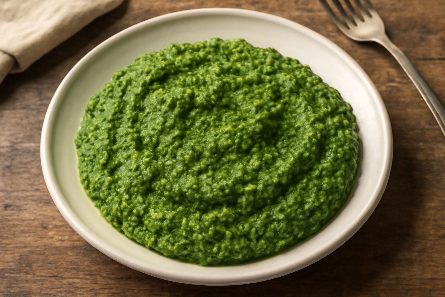 Salsa verde densa e cremosa in una ciotola di ceramica bianca, con gocce d'olio visibili in superficie, foglie di prezzemolo fresco sulla tovaglia di lino grigio accanto