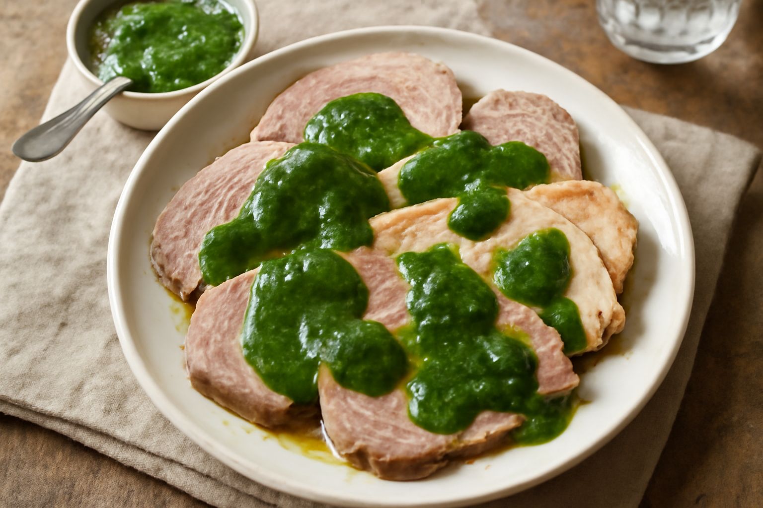Ciotola di salsa verde densa e cremosa color verde intenso con gocce di olio, accanto a fettine di carne lessata bianca su piatto bianco, con limone a spicchi