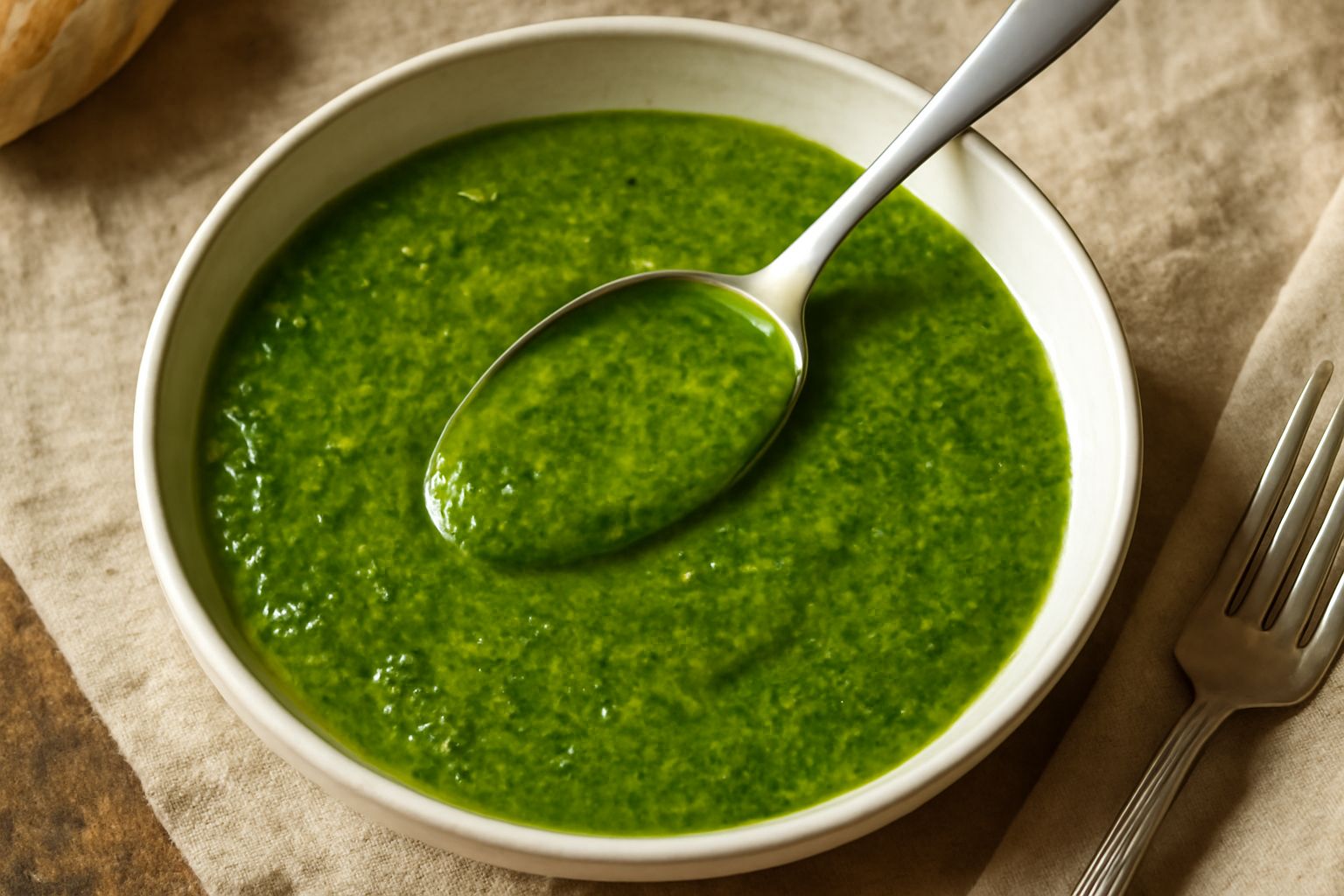 Salsa verde densa e brillante in una ciotola di ceramica bianca, con visibili pezzetti di prezzemolo e basilico fresco verde intenso, olio lucente, cucchiaio in legno a lato, fondo di marmo grigio con