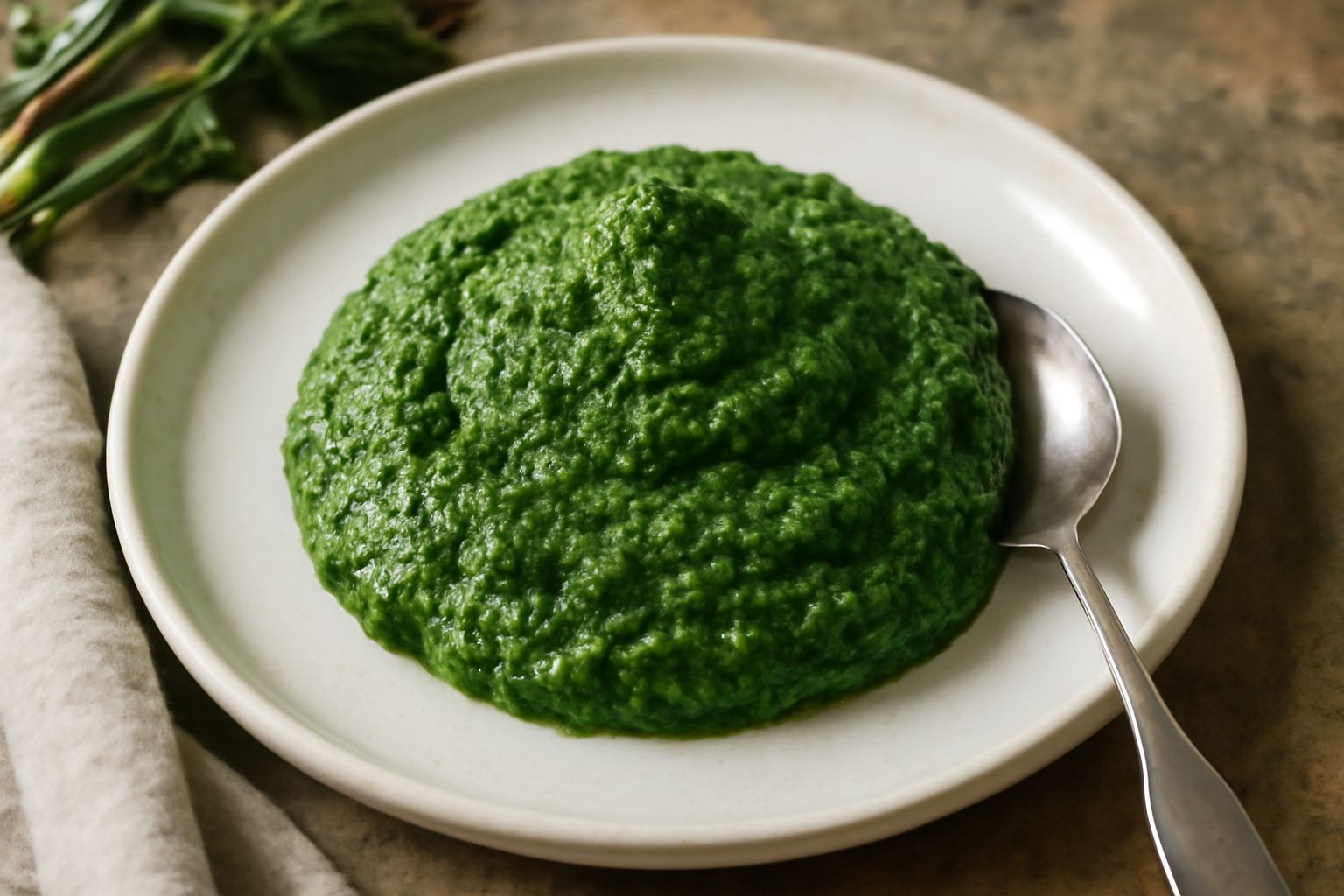 Ciotola in ceramica bianca con salsa verde densa dal colore verde acceso e brillante, erbe visibili sulla superficie, cucchiaio di legno appoggiato sul bordo, sfondo di foglie fresche di prezzemolo e 