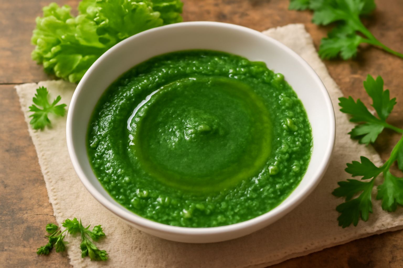 Ciotola di vetro bianca contenente salsa verde cremosa con particelle visibili di insalata, prezzemolo e basilico, servita accanto a un mucchio di insalata fresca verde chiaro su sfondo bianco