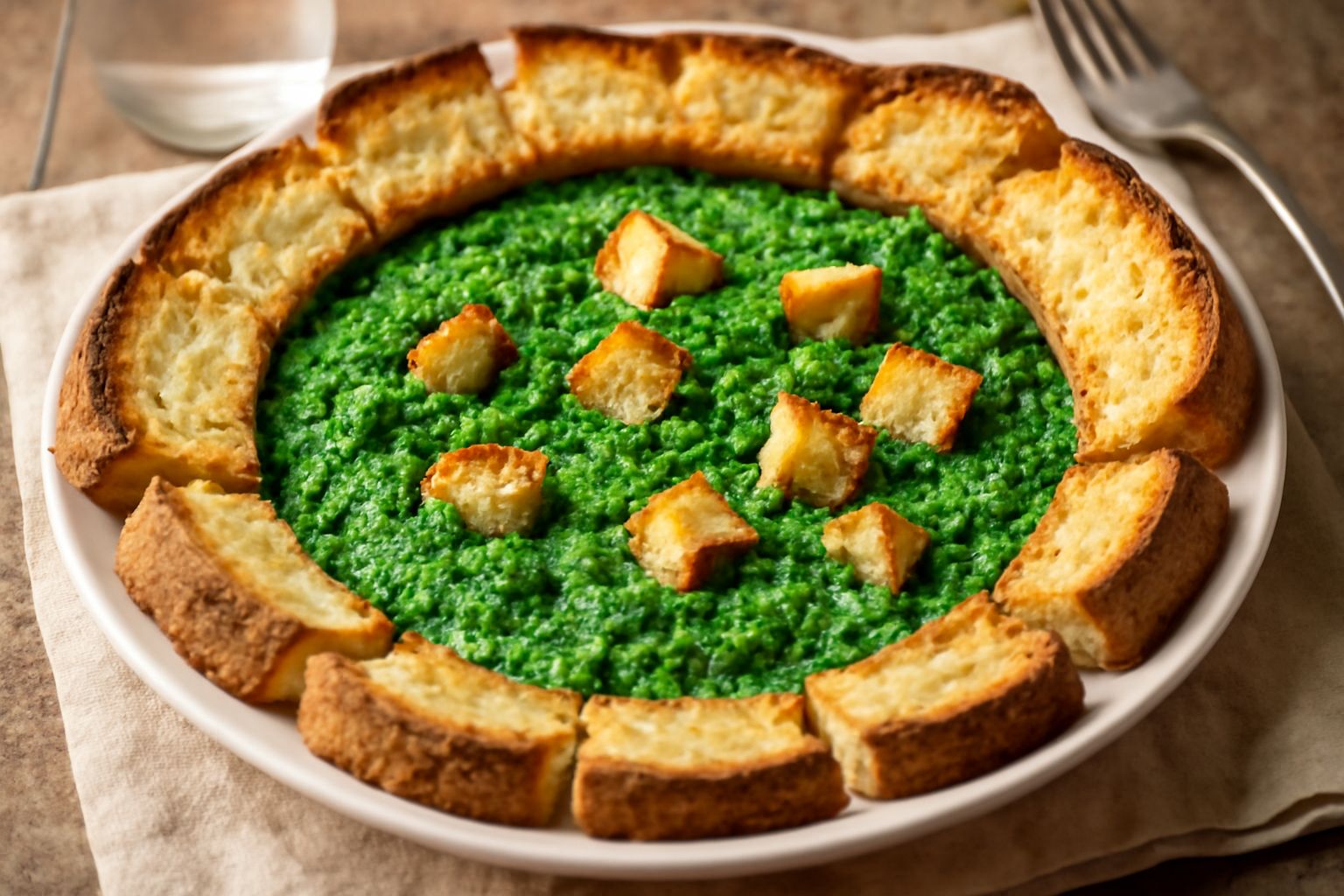 Salsa verde densa e cremosa di colore verde brillante servita in una ciotola bianca, con cubetti di pane tostato dorato disposti sopra e attorno, alcuni ancora croccanti in superficie
