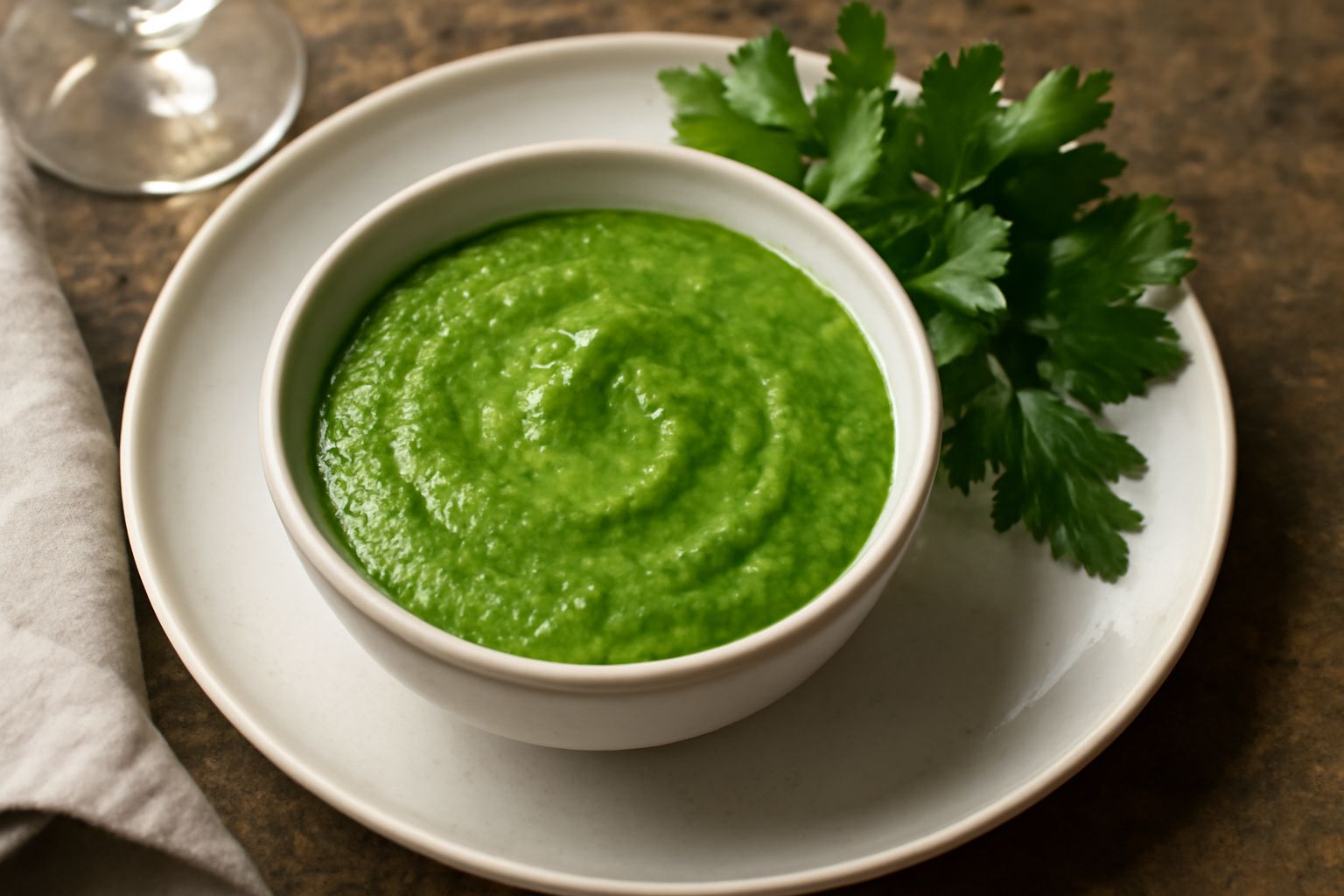 Salsa verde densa e omogenea, di colore verde brillante, servita in una ciotola bianca con un cucchiaio d'acciaio, accanto a ciuffi di prezzemolo fresco e una bottiglia di olio extravergine