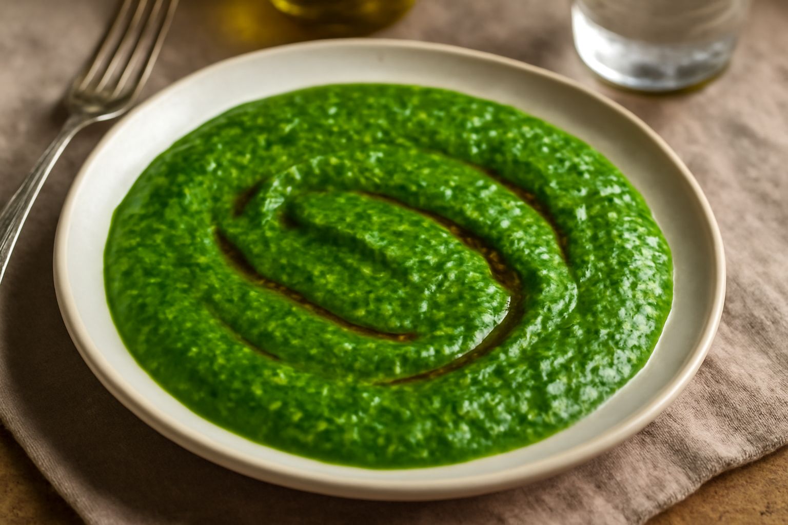 Salsa verde densa in ciotola bianca, con visibile granulare di prezzemolo tritato, colore verde brillante, piccole gocce di olio lucente in superficie, servita con cucchiaio di legno, accanto a mazzet