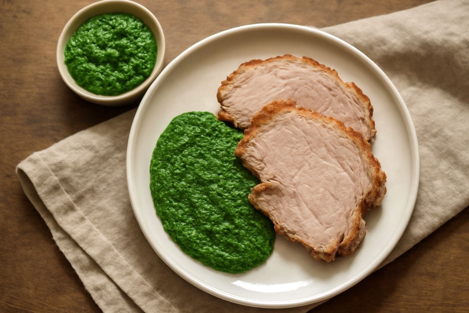 Salsa verde densa e corposa in una ciotola di ceramica bianca, colore verde smeraldo intenso, con macchie più scure di prezzemolo, servita con un cucchiaio di legno su sfondo neutro
