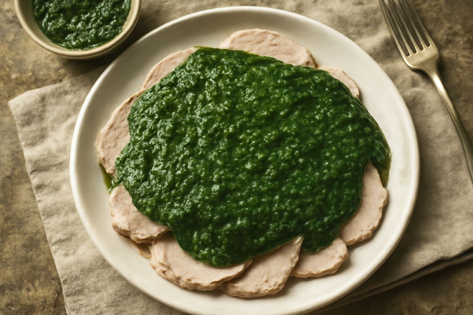Piatto bianco con fette di vitello bollito tenero coperte da salsa verde densa e verde scuro, garnito con una foglia di prezzemolo fresco, contornato da patate bollite e una tazza di brodo tiepido sul
