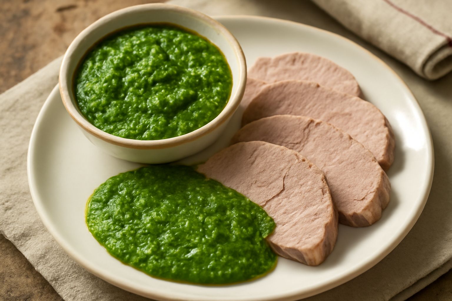 Salsa verde emiliana in una ciotola bianca, di colore verde vivace con riflessi dorati dell'olio, accompagnata da prezzemolo fresco e spicchi di aglio su un tavolo di legno