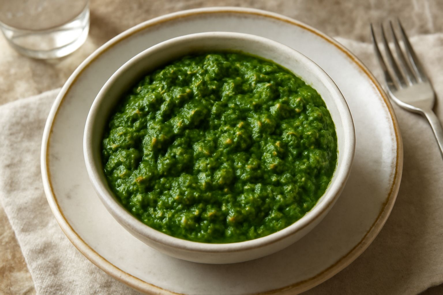 Salsa verde densa color verde scuro servita in ciotola bianca, con gocce di olio d'oliva in superficie e prezzemolo fresco accanto