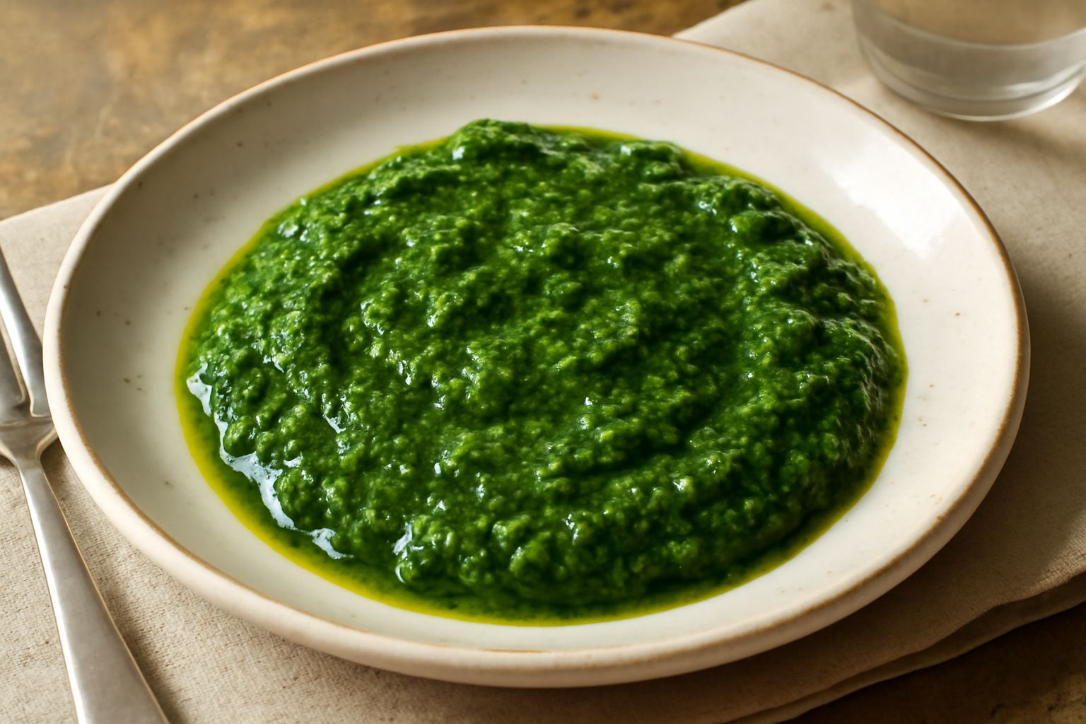 Salsa verde ligure in una ciotola bianca, di colore verde intenso con riflessi dorati dall'olio, con prezzemolo visibile e gocce di olio extravergine intorno al bordo