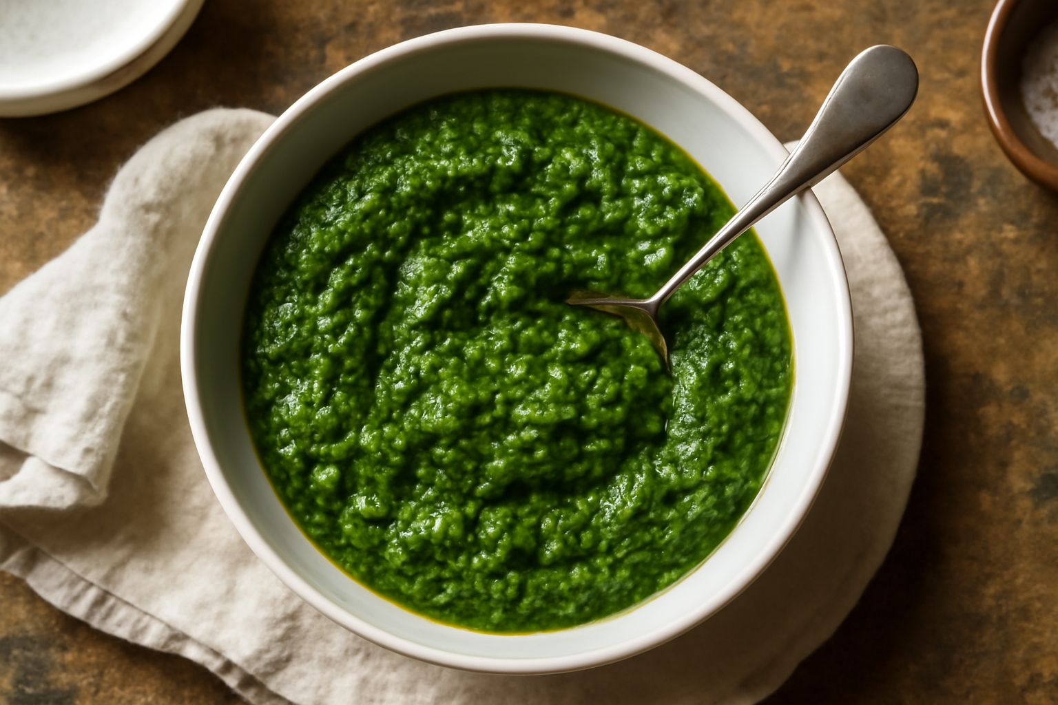 Salsa verde densa e omogenea in una ciotola bianca, di colore verde intenso, con visibili pezzetti di prezzemolo e aglio, servita con cucchiaio di legno accanto a pane scuro tostato
