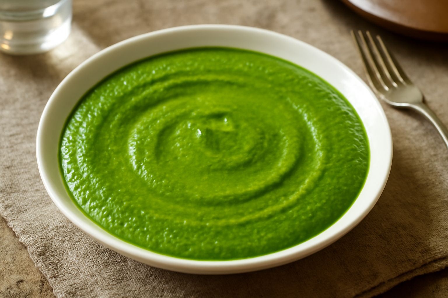 Salsa verde pavese in una ciotola di ceramica bianca, colore verde intenso, consistenza densa e cremosa, guarnita con foglia di prezzemolo fresco, su tavolo di legno chiaro