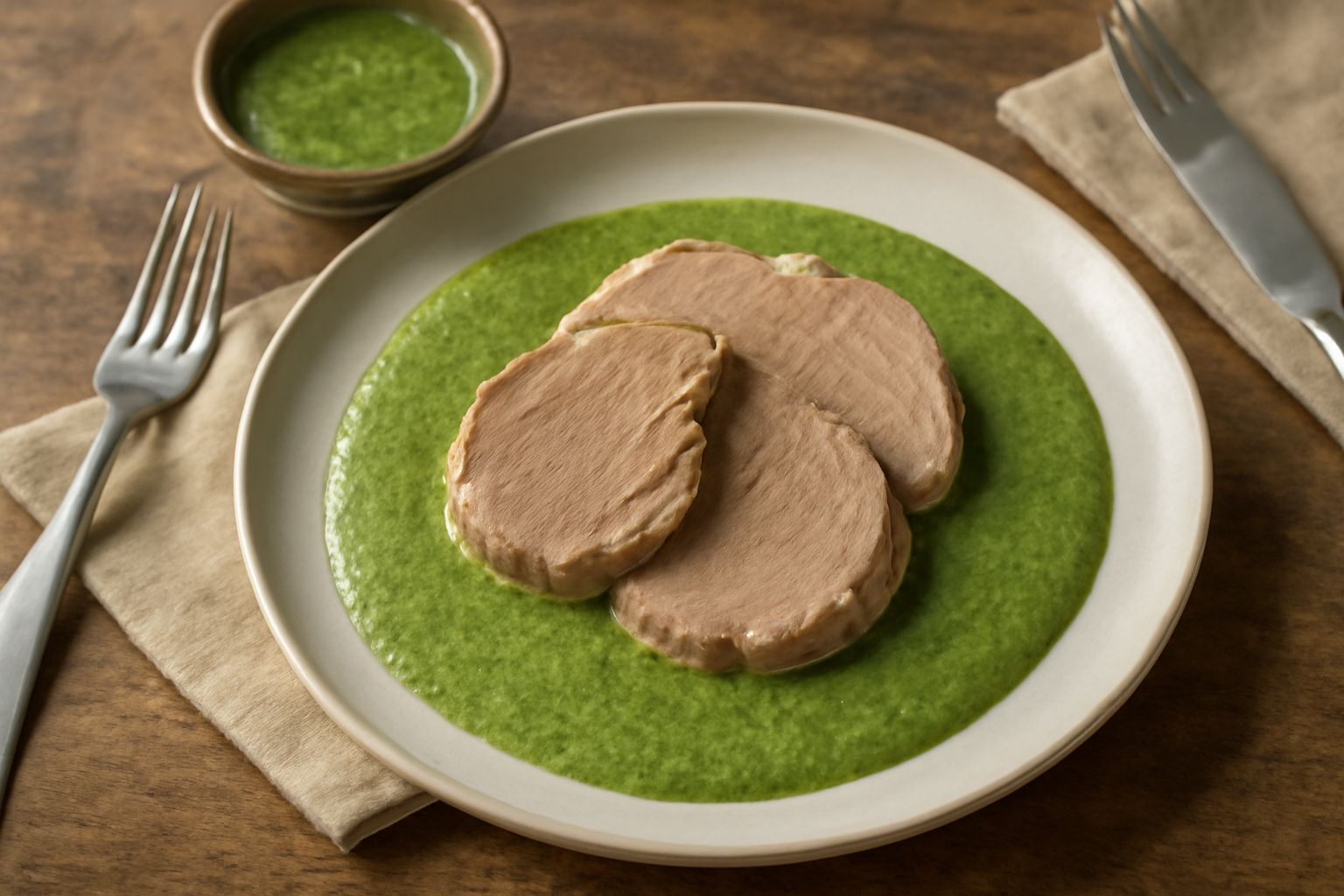 Salsa verde piacentina in una ciotola bianca, dal colore verde chiaro, consistenza cremosa e omogenea, con alcuni rametti di prezzemolo fresco accanto e fette di pane tostato.