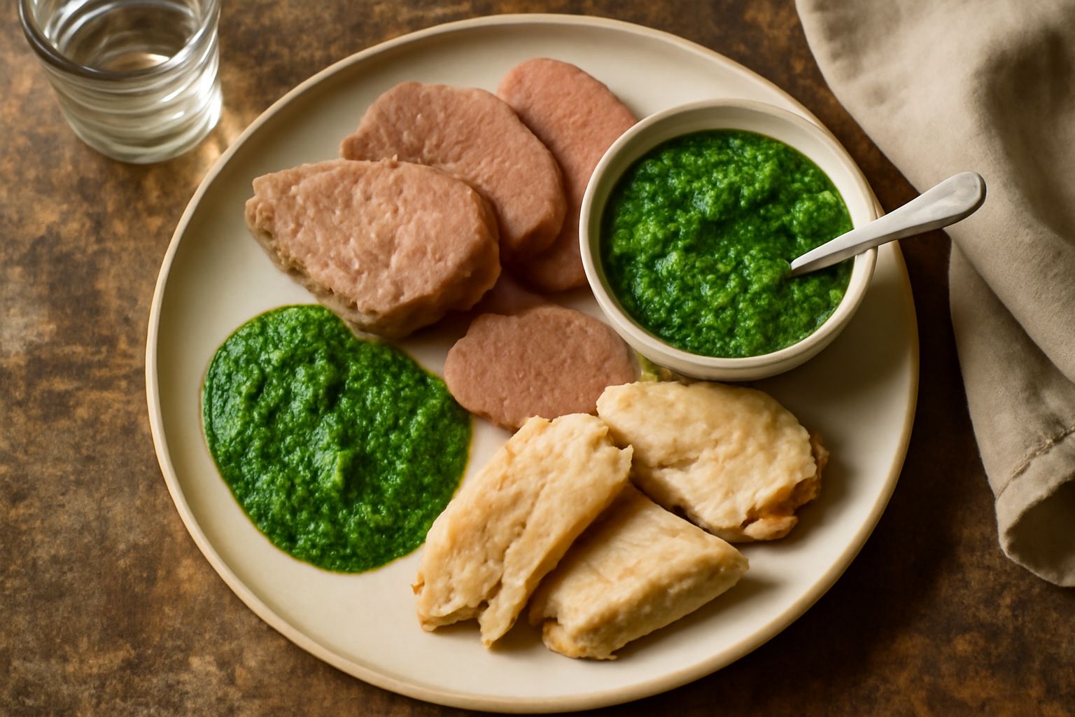 Salsa verde densa in una ciotola bianca, con colore verde vivace, guarnita da un rametto di prezzemolo fresco e presentata accanto a fette di pane tostato