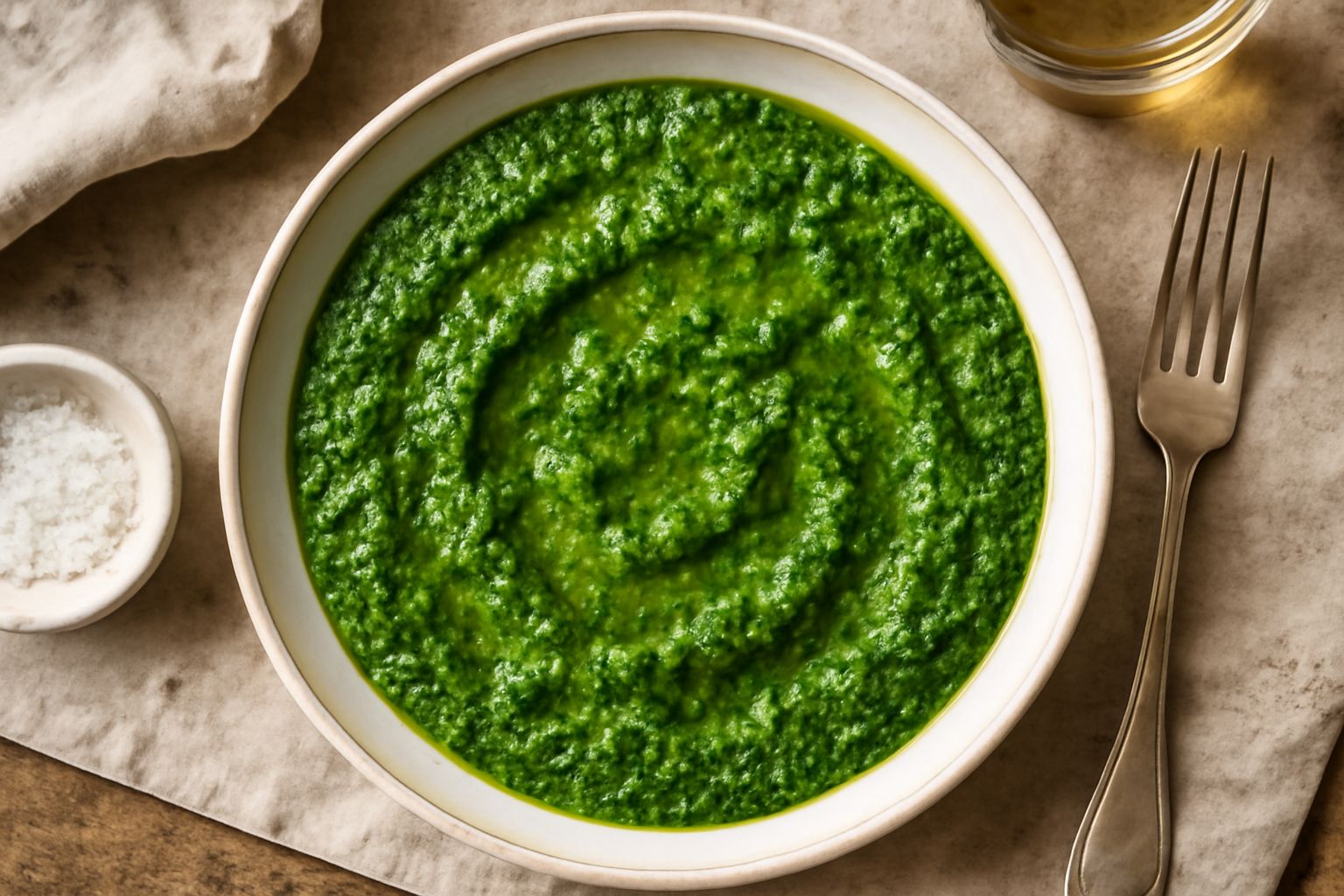 Salsa verde sarda in una ciotola bianca, color verde brillante, con gocce di olio sulla superficie, prezzemolo e particelle di pane visibili, cucchiaio in acciaio accanto