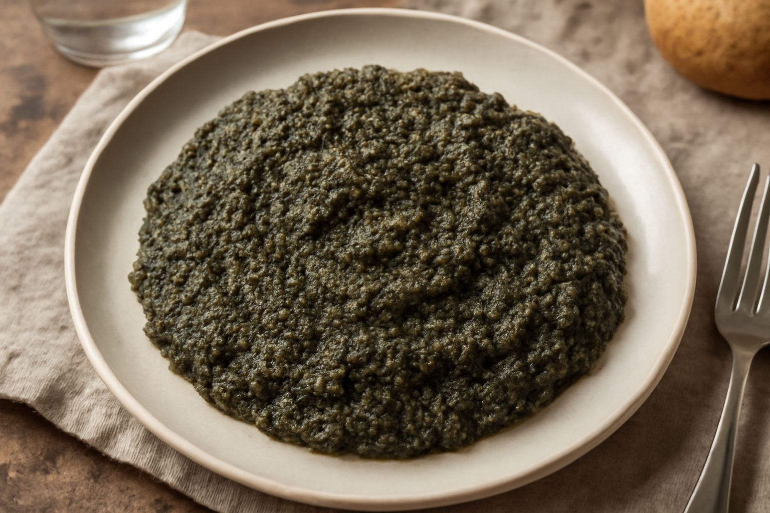 Salsa verde densa di colore verde scuro in una piccola ciotola bianca, con consistenza cremosa e granuli visibili di mandorle tostate, servita su un piatto con limone fresco tagliato a spicchi
