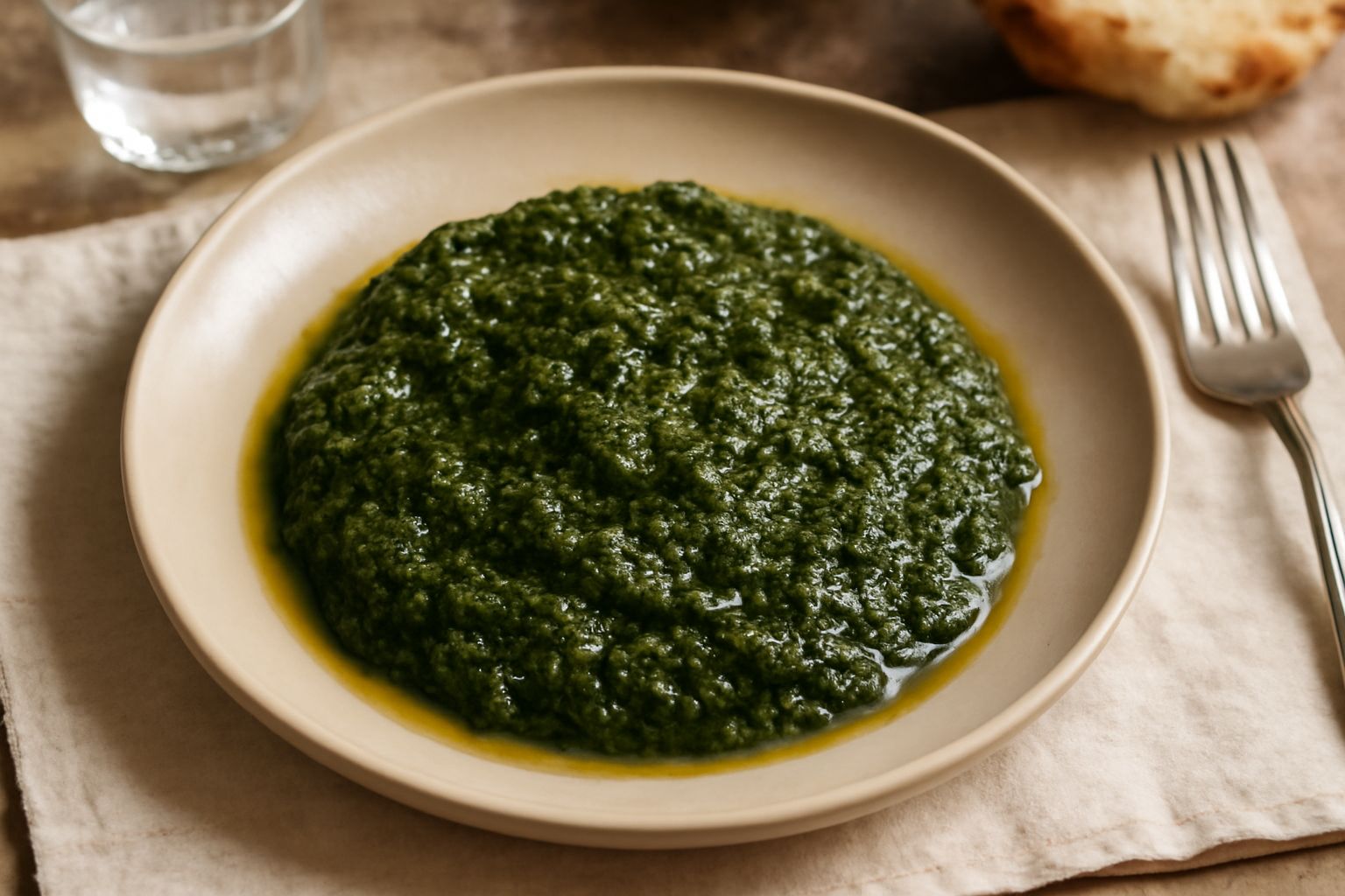 Un barattolo di vetro trasparente contiene salsa verde densa e cremosa ricoperta da olio trasparente, con foglie di prezzemolo visibili e aglio pesto. Accanto un cucchiaio con la salsa e una fetta di 