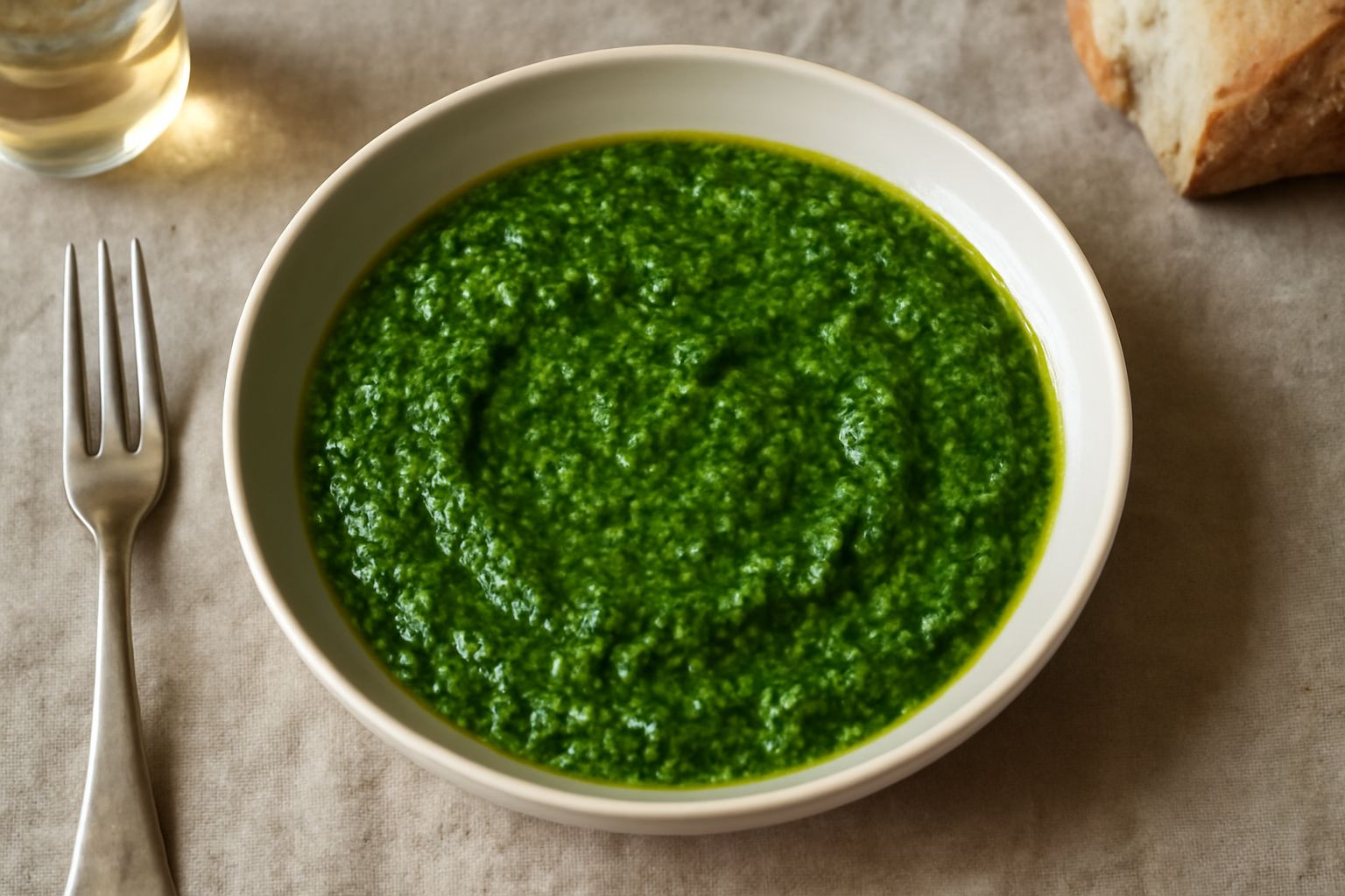 Salsa verde triestina in ciotola bianca con prezzemolo fresco tritato finemente, olio d'oliva lucido e riflessi verdi, servita accanto a fette di carne bollita