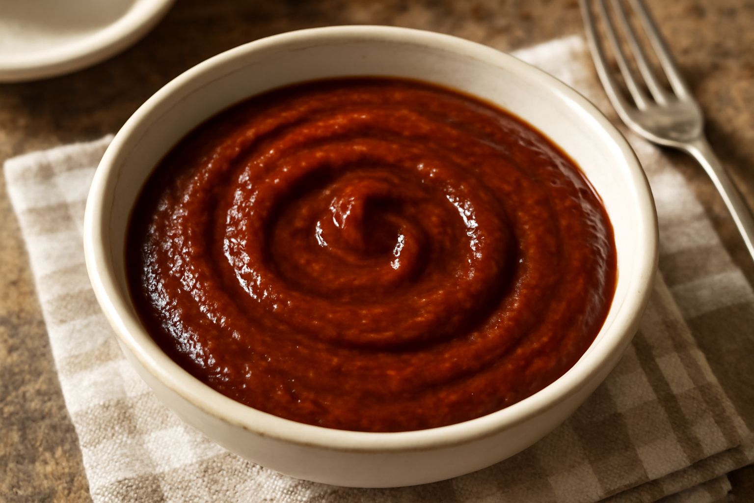 Salsa viziada densa e rossa in una ciotola di ceramica bianca, con aglio e peperoncino rosso accanto, spoon di legno immersa nella salsa, sfondo di marmo grigio