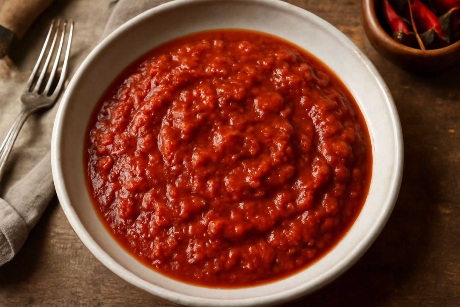 Salsefrica in una ciotola bianca su fondo rustico di legno, salsa rossa densa con texture grumosa, peperoncini interi e foglie di basilico fresco accanto