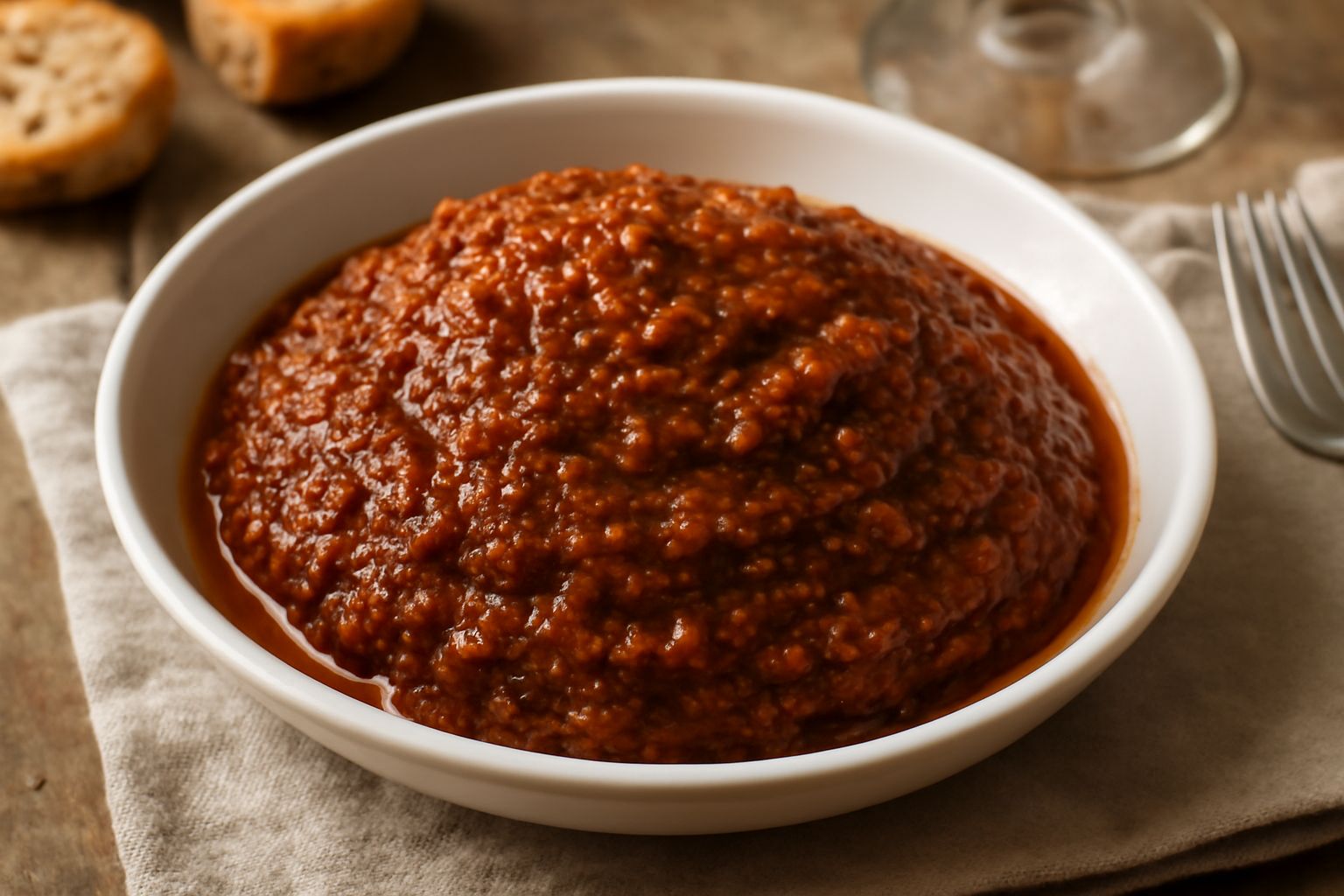 Salsetta di pomodori secchi in una ciotola bianca, di colore rosso scuro, con consistenza densa e cremosa, accanto a pomodori secchi interi su un piano di legno chiaro