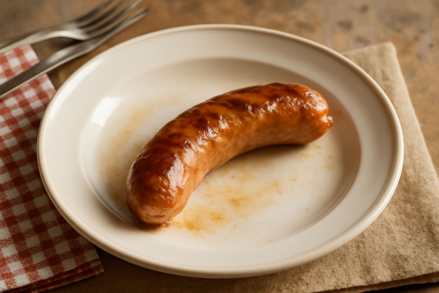 Salsiccetta dorata e rosso intenso cotta in padella, intera e leggermente ricurva, con gocce di condimento. Accanto cipolla caramellata e contorno di peperoni rossi. Piatto bianco con bordo classico.